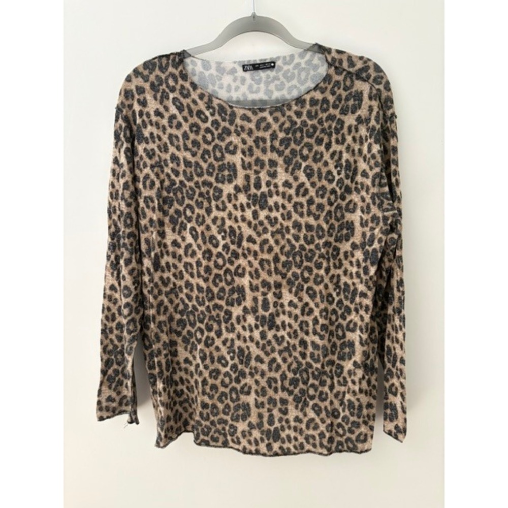 Zara Leopard Print Long Sleeve Top Brown Black Animal Print Crew Neck Large